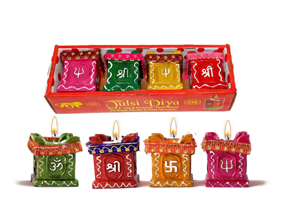 Set of 4 Clay and Terracotta Colourful Hand Painted Puja Tulsi Diya Candle for All Kind of Festival Diwali, Navratri for Home Decoration (Multicolour)